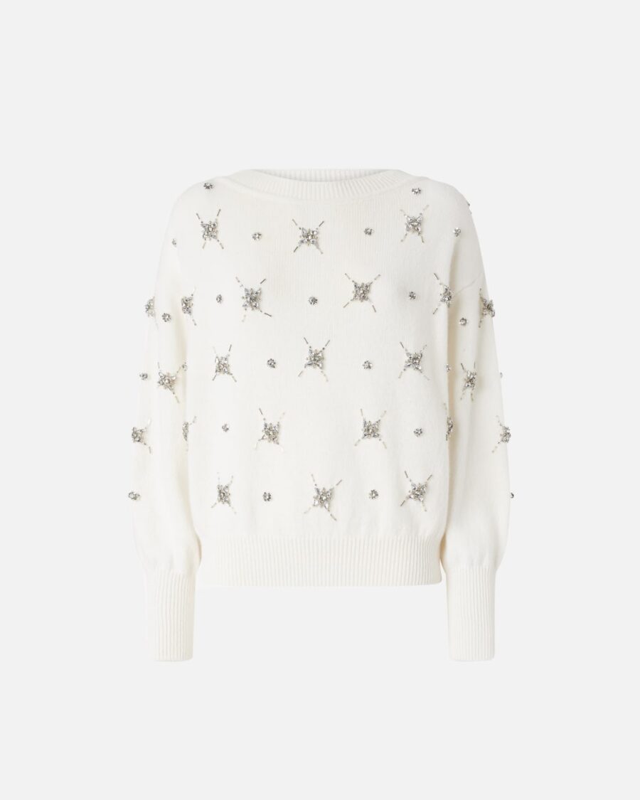Maglione elegante con ricamo gioiello strass bianco meringa
