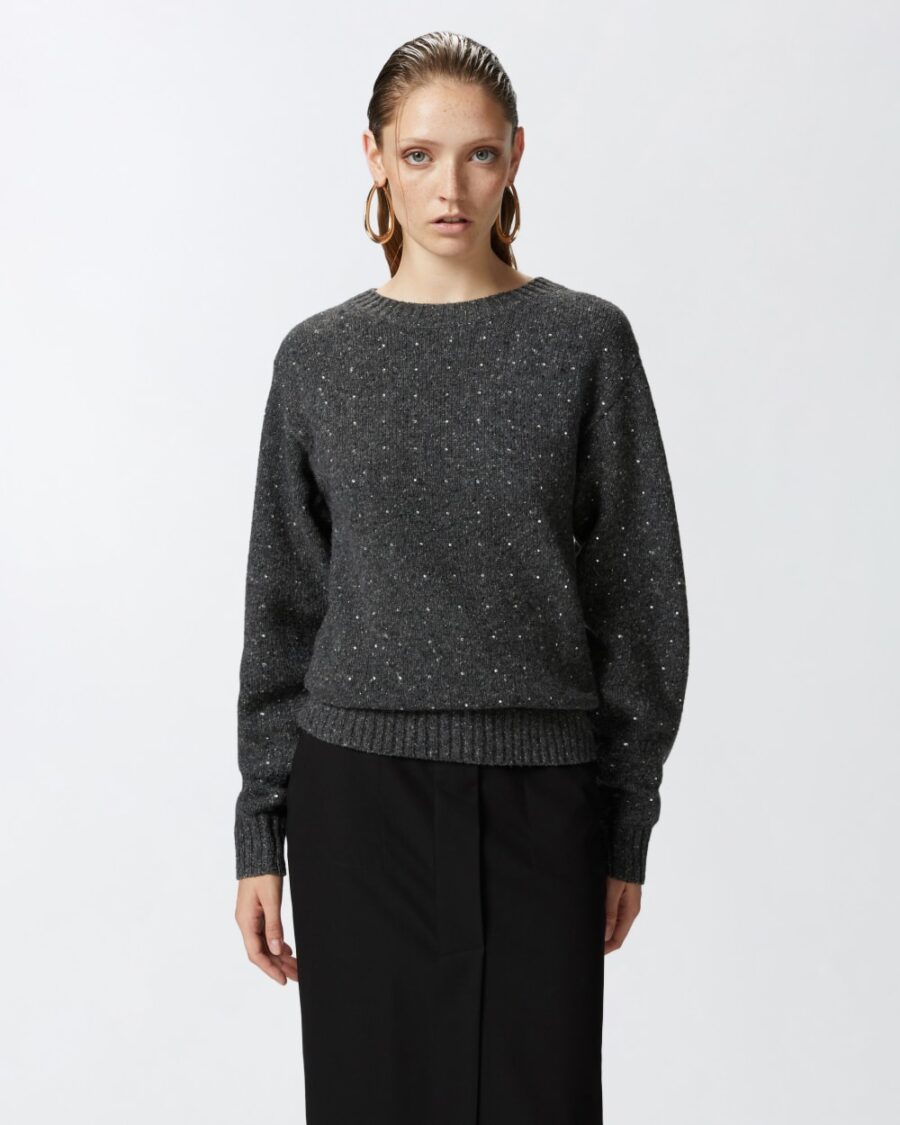 Maglione misto alpaca con strass grigio e nero