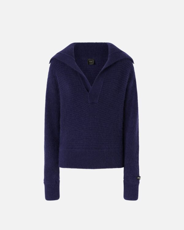 Maglione misto mohair con scollo a V blu e giacca marinara