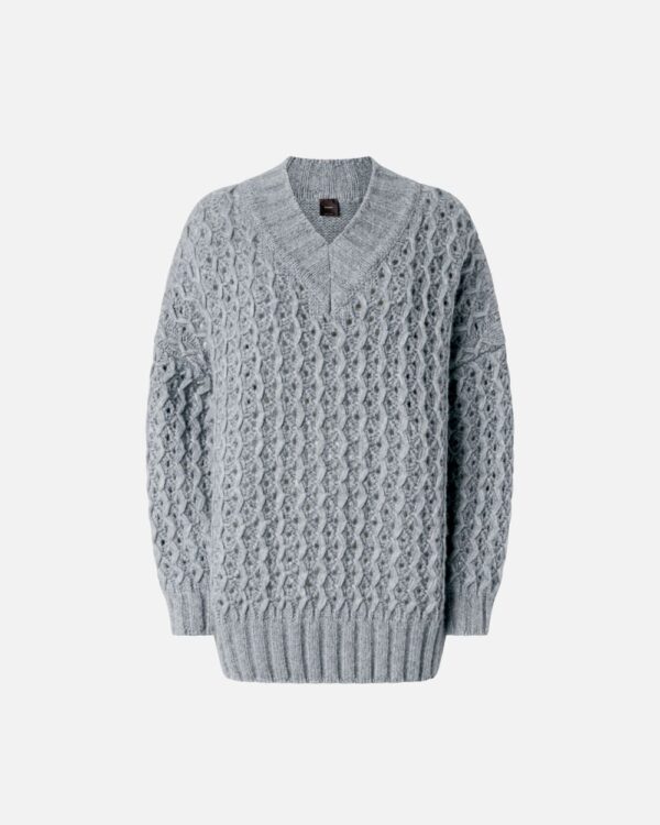 Maxi pullover lungo in filato leggerissimo traforato argento e metallizzato