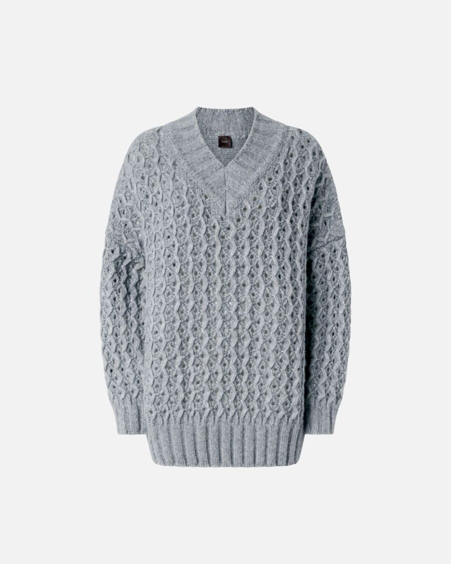 Long maxi pullover in lightweight yarn with openwork argento e metallizzato