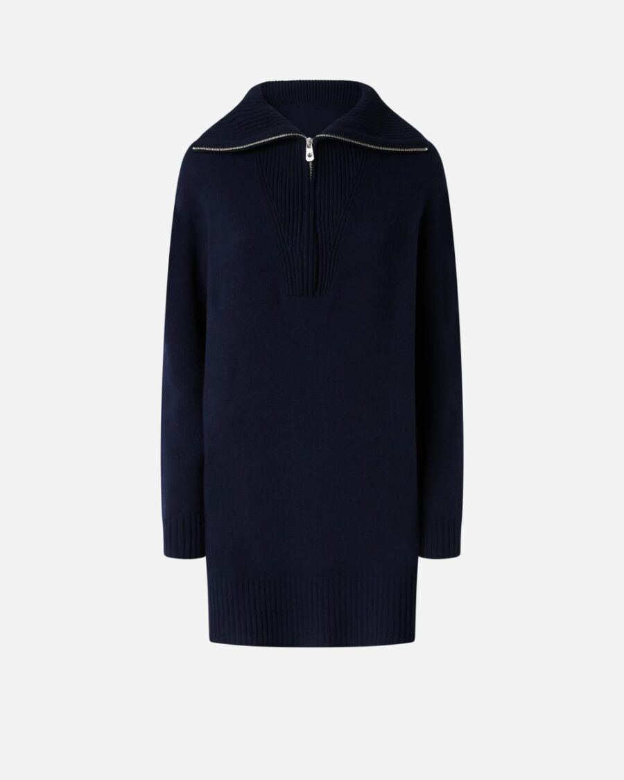 Mini abito in lana e cachemire collo alto blu marino cupo