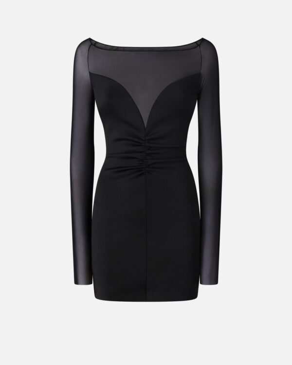 Mini abito scollato in tulle e tessuto tecnico nero limousine