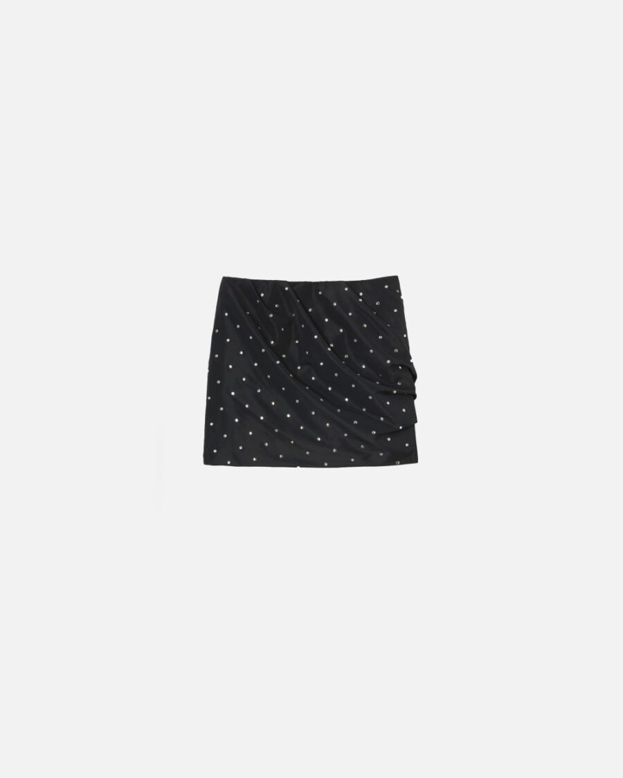 Minigonna arricciata con borchie e strass nero limousine