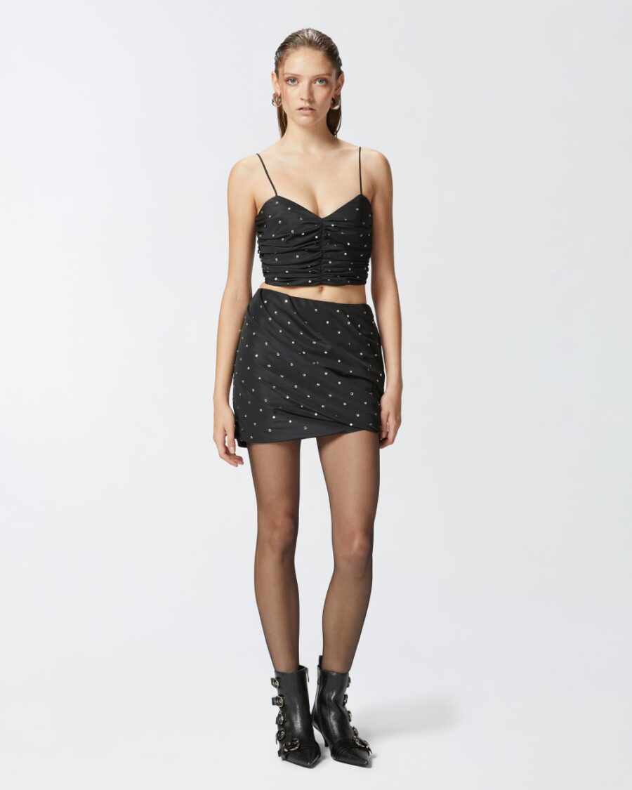 Minigonna arricciata con borchie e strass nero limousine