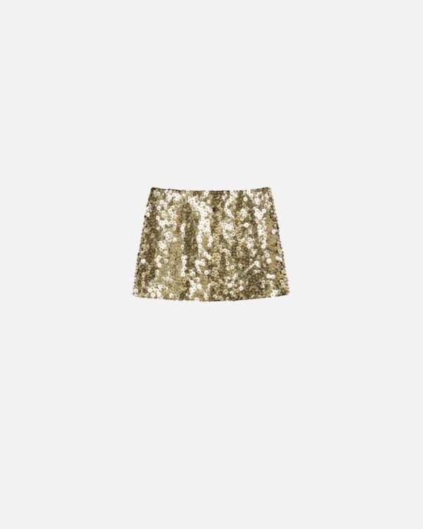 Minigonna con paillettes dorate e strass oro e crystal
