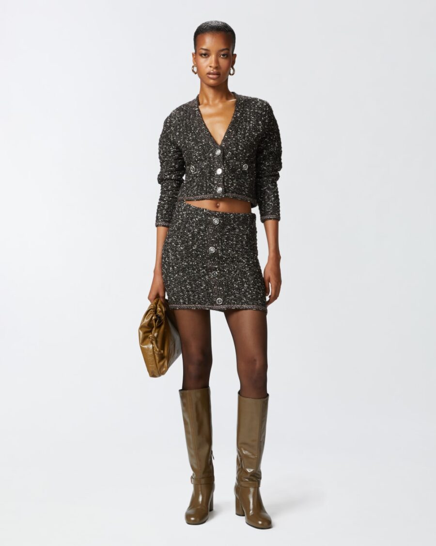 Minigonna in maglia bouclè con paillettes nero e marrone e bianco