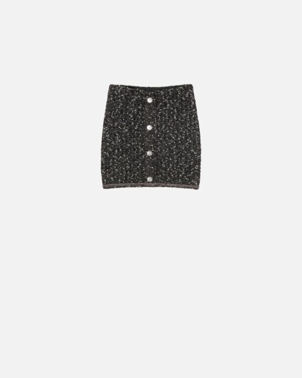 Minigonna in maglia bouclè con paillettes nero e marrone e bianco