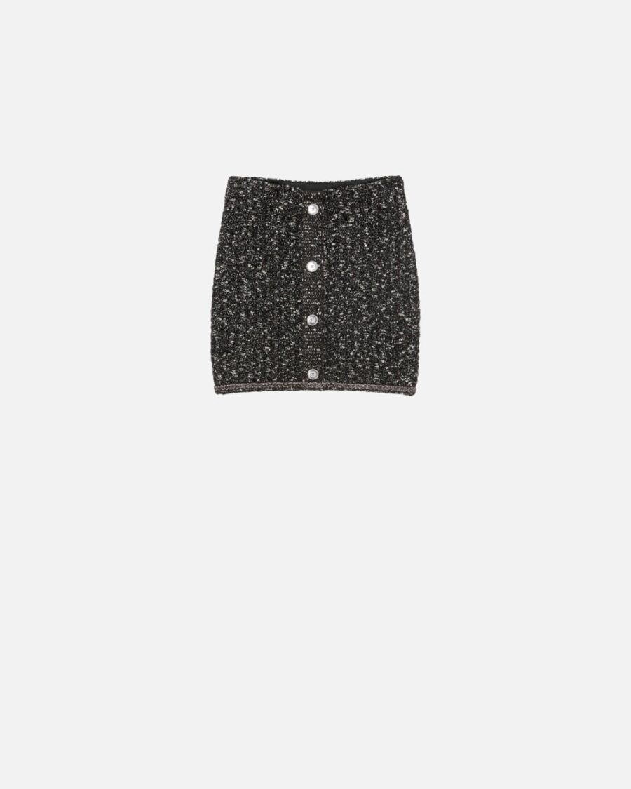 Minigonna in maglia bouclè con paillettes nero e marrone e bianco