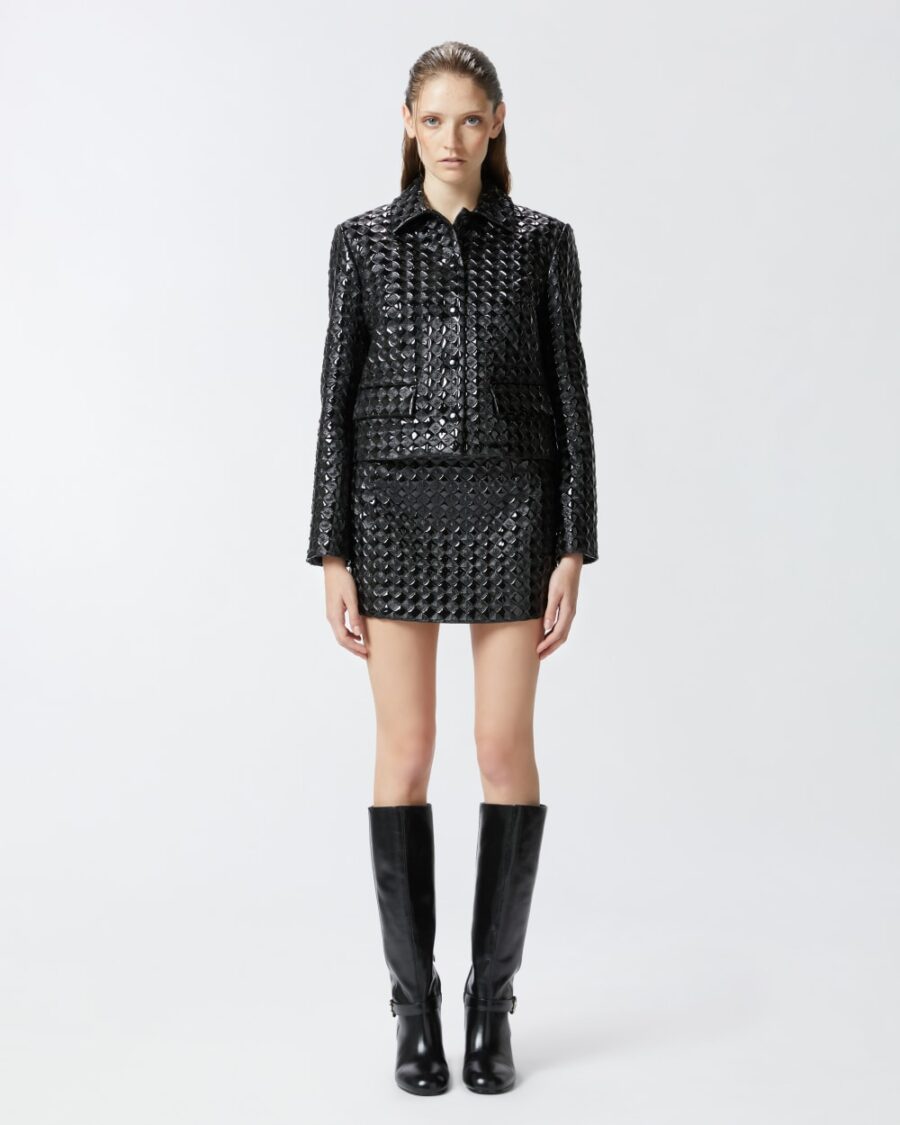 Minigonna vernice con pattern trapuntato nero limousine