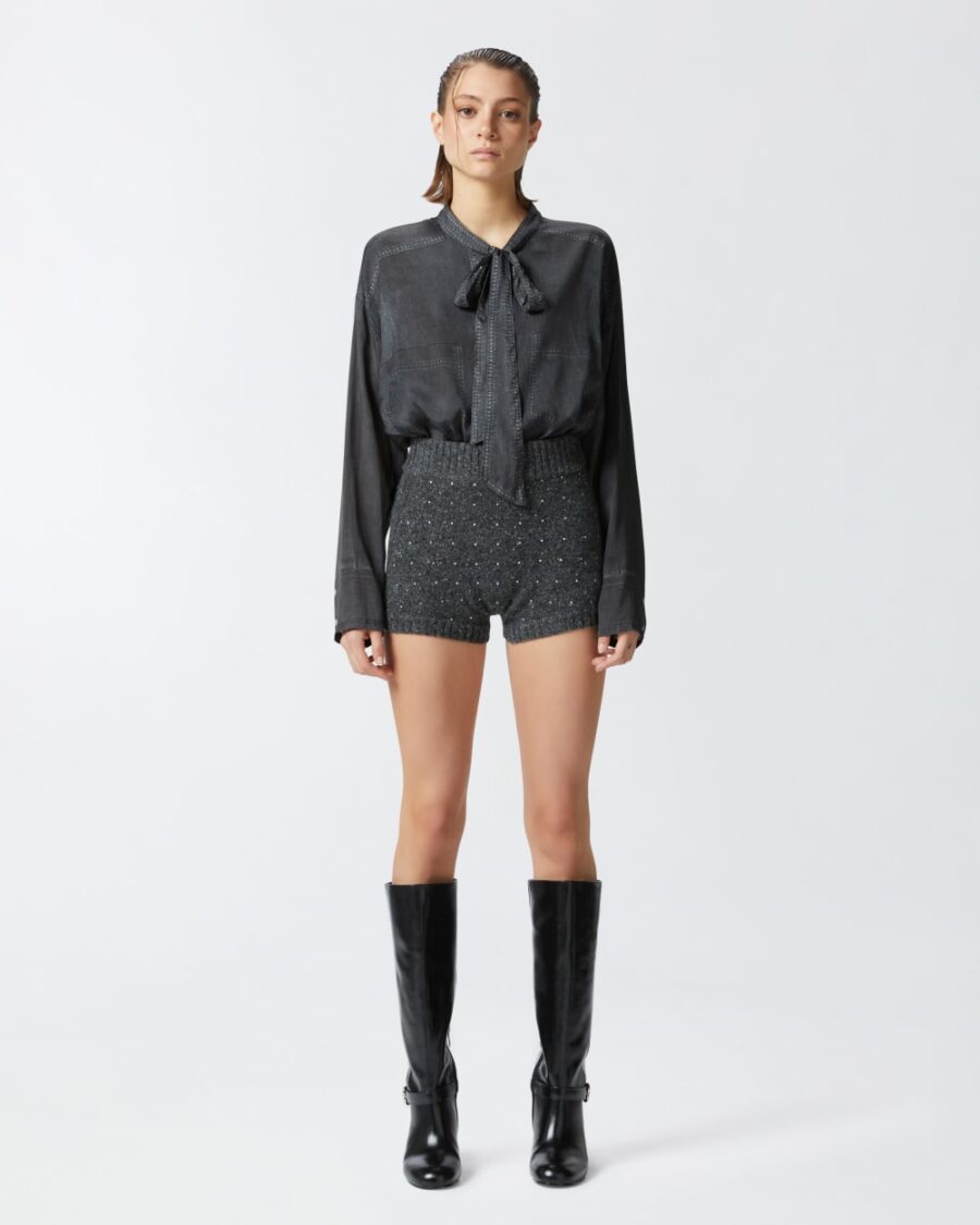 Pantaloncini shorts in maglia con strass grigio e nero