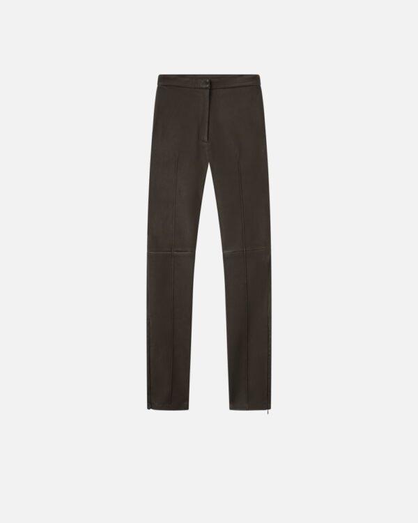 Pantaloni aderenti in nappa con zip al fondo marrone java