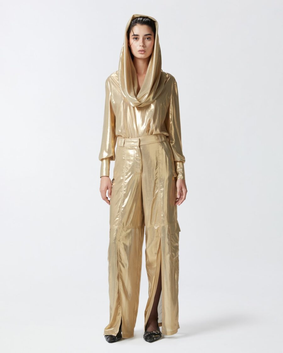 Pantaloni cargo wide-leg dorati beige e oro