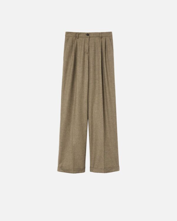 Pantaloni gamba larga in flanella a quadretti mul cammello e verde