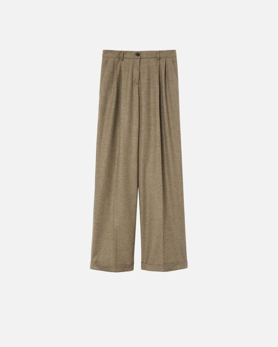 Pantaloni gamba larga in flanella a quadretti mul cammello e verde