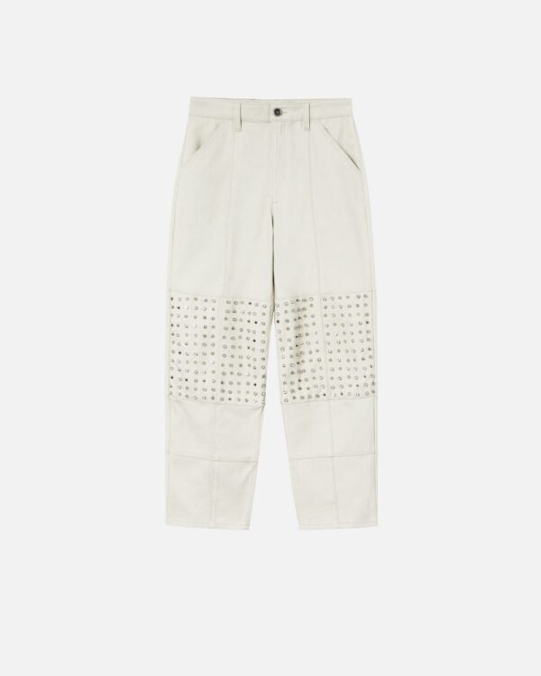 Pantaloni in bull di cotone con borchie a punta beige nebbia