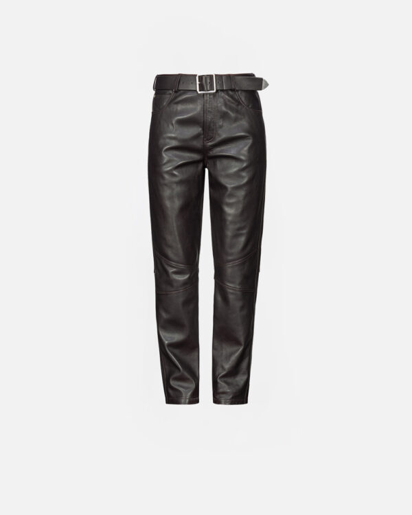 Pantaloni lunghi in nappa con cintura marrone oltre buio