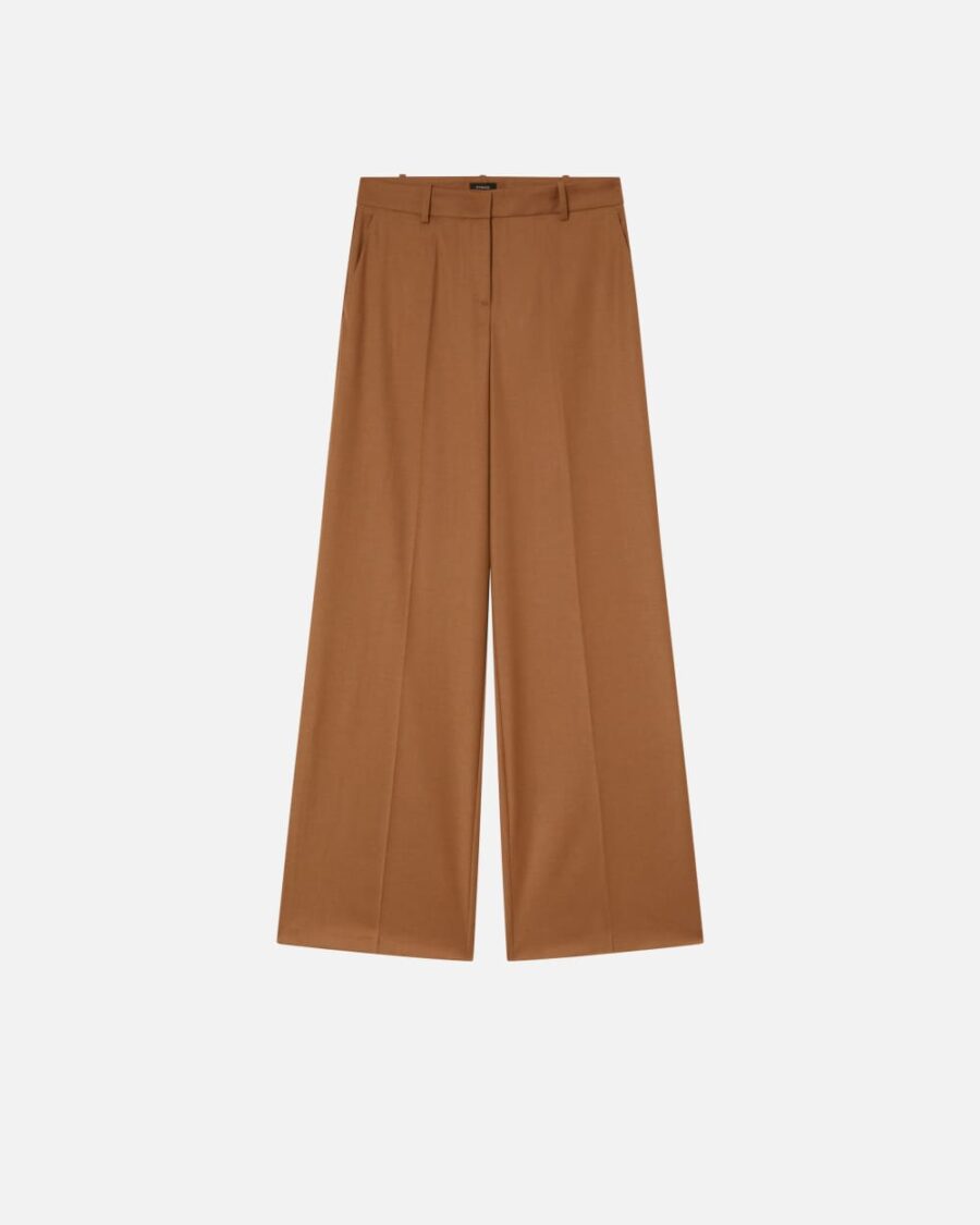 Pantaloni palazzo in flanella lana stretch marrone noce