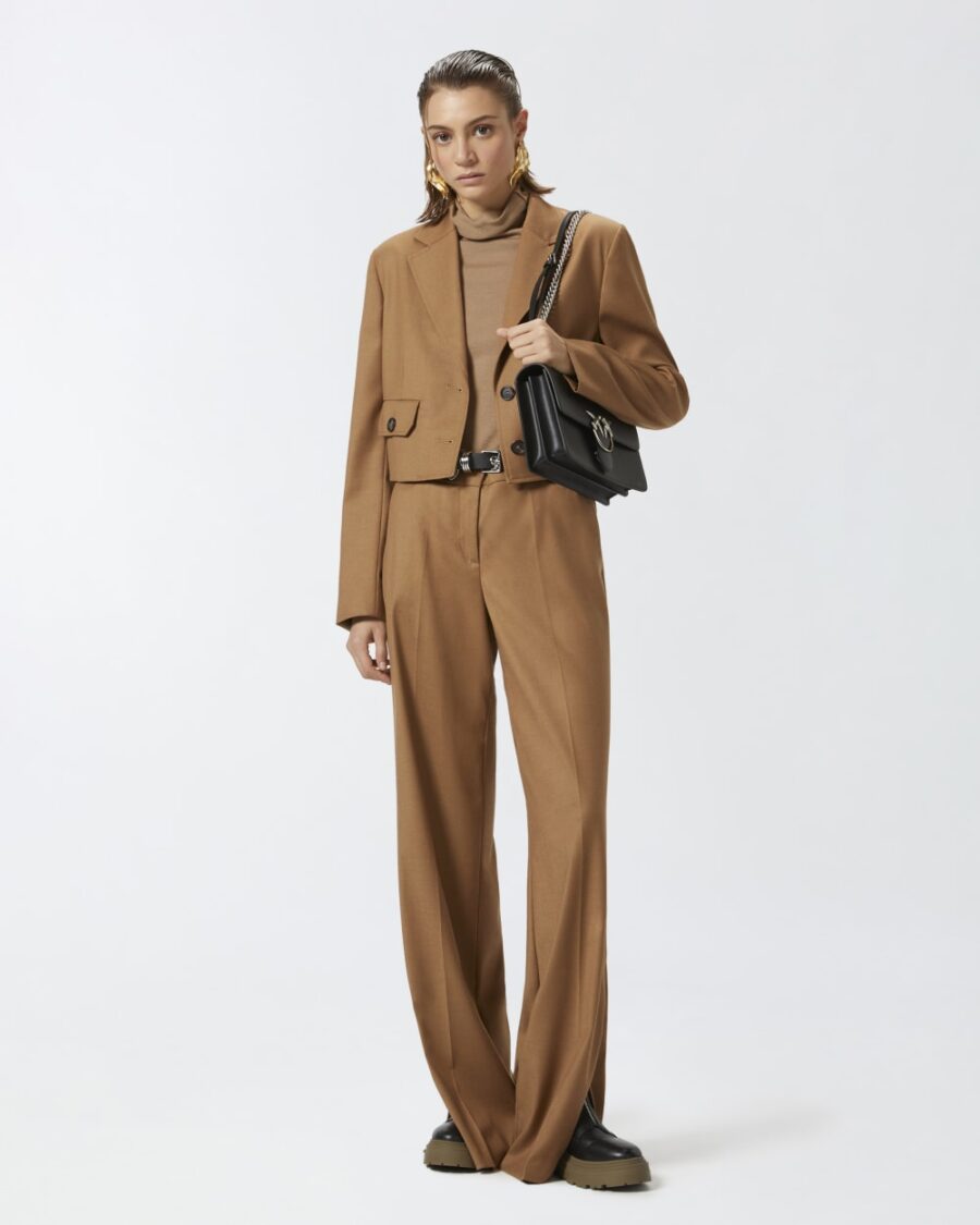 Pantaloni palazzo in flanella lana stretch marrone noce