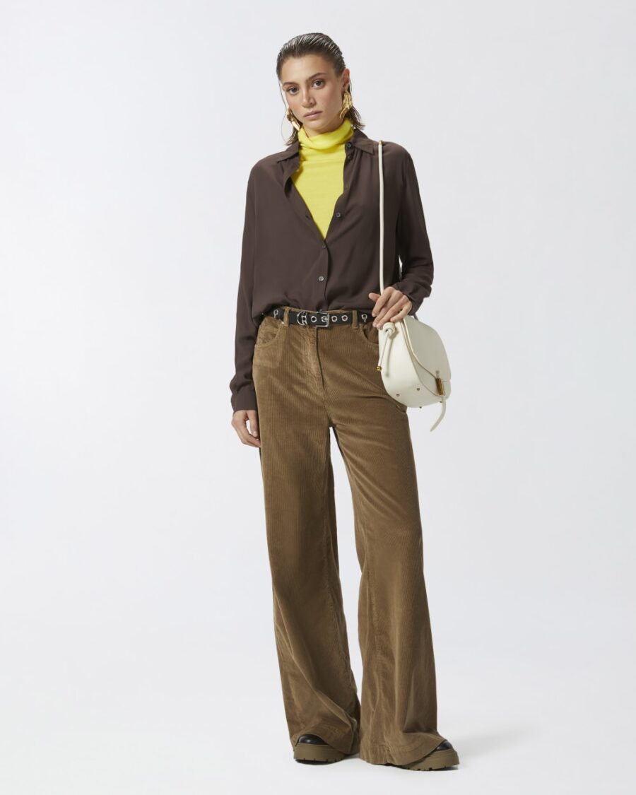 Pantaloni palazzo in velluto a costine marrone legno d'olmo