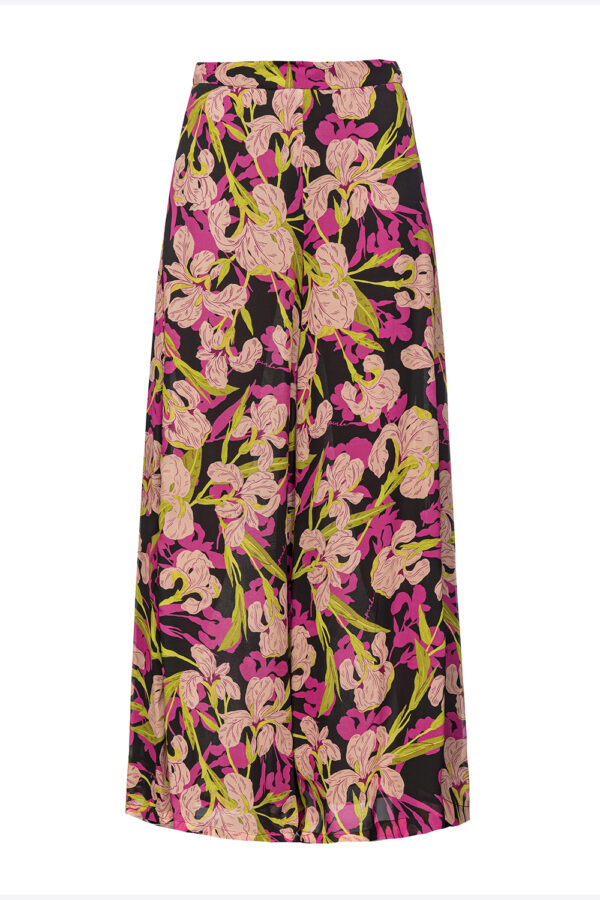 Pantaloni palazzo stampa iris mult.nero e fuxia