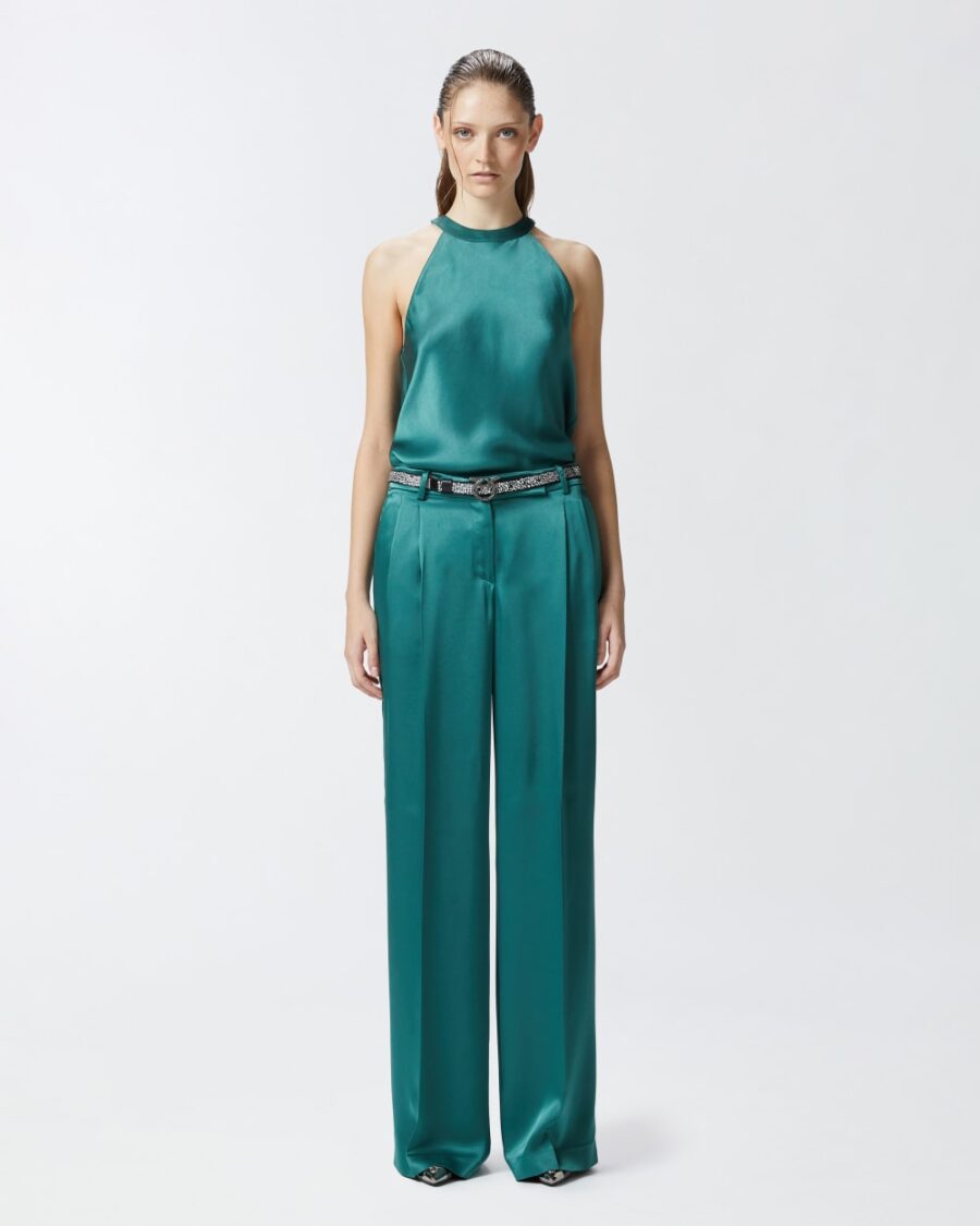 Pantaloni tailored in satin verde bottiglia scuro