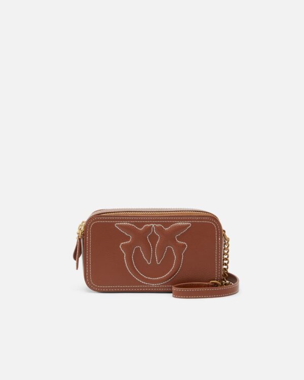 Piccola borsa a tracolla con logo Love Birds in rilievo cuoio e antique gold