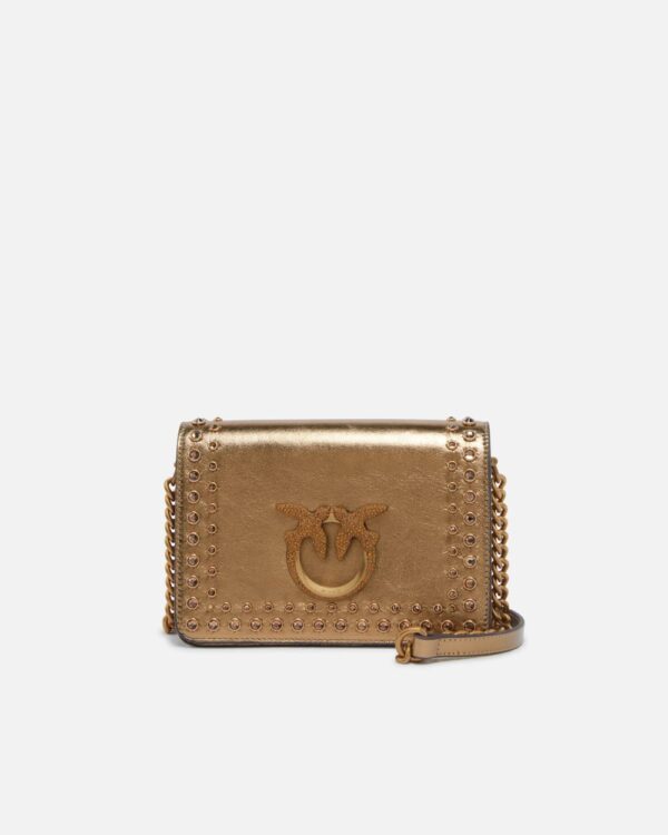 Piccola borsa a tracolla laminata Love Bag con strass bronzo e bronzo
