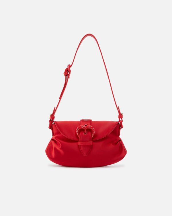 Small Jolene shoulder bag in duchesse with heart-shaped buckle rosso e block color