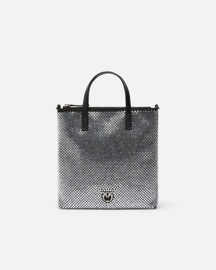 Piccola borsa shopper strass gioiello con tracolla nero limousine e canna fucile