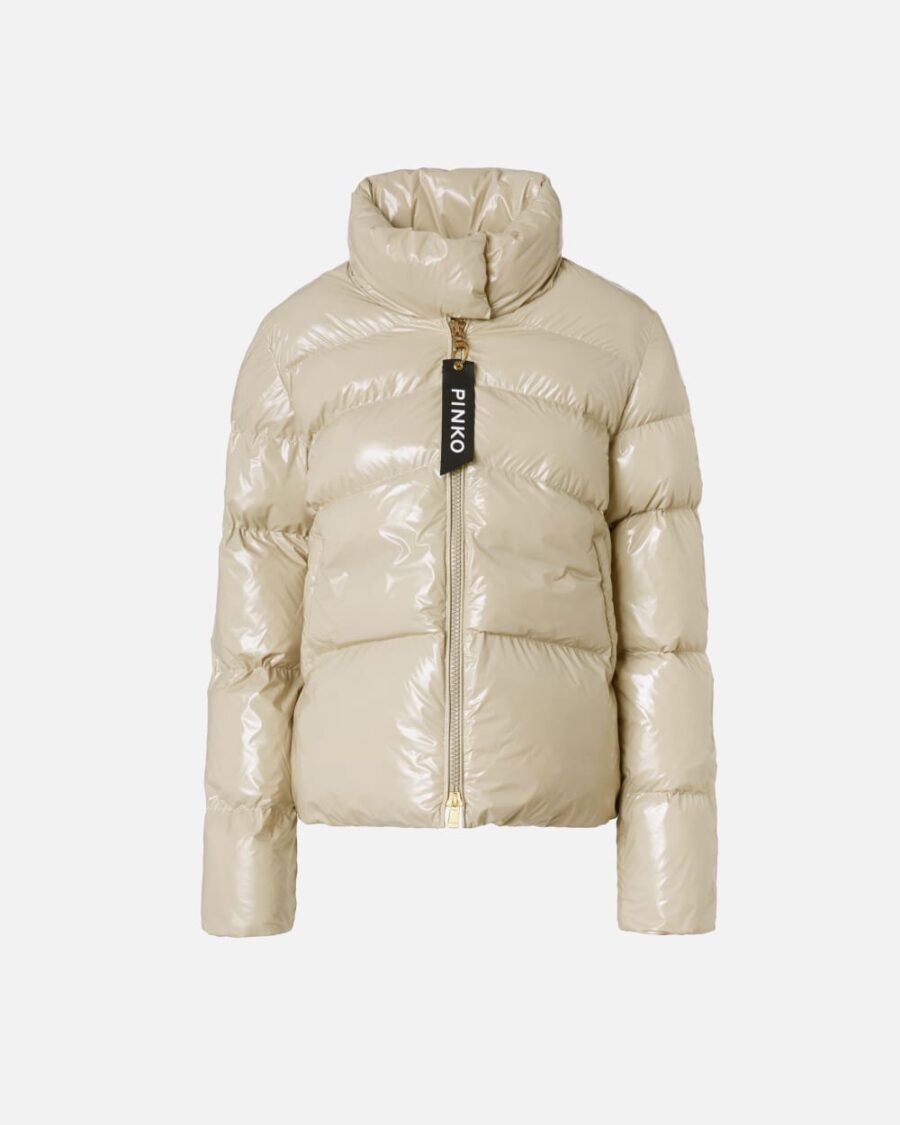 Padded crystal nylon pea jacket beige
