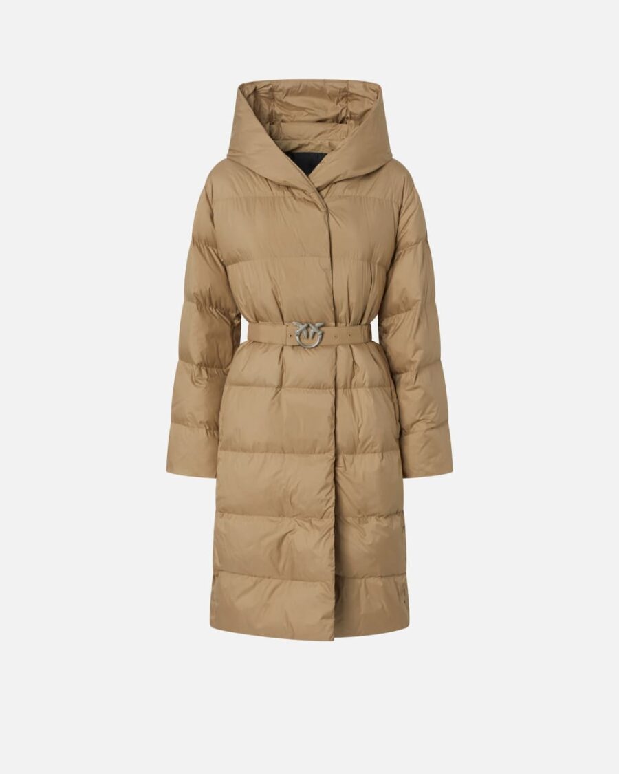 Piumino imbottito caban in tela tecnica con cintura beige e terra di toscana