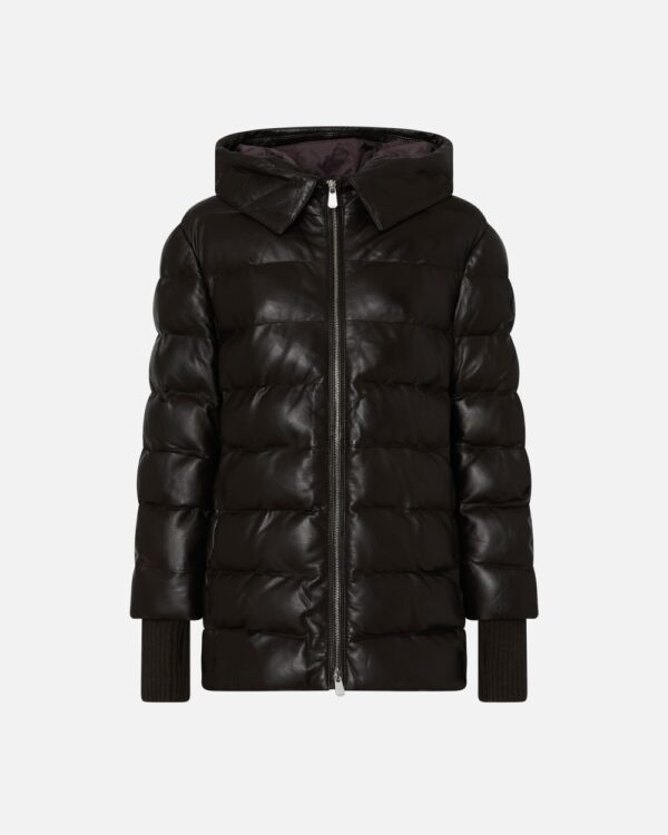 Padded leather puffer with hood marrone oltre buio