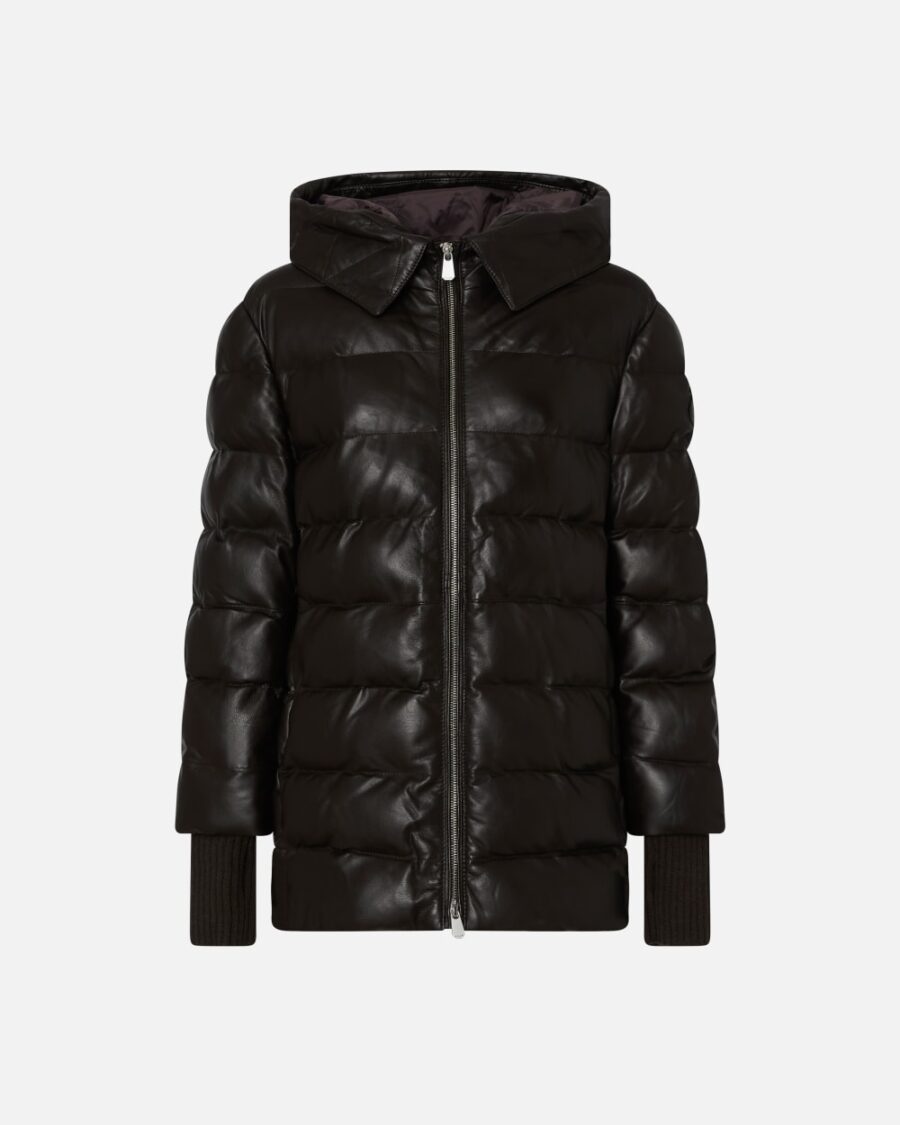 Padded leather puffer with hood marrone oltre buio