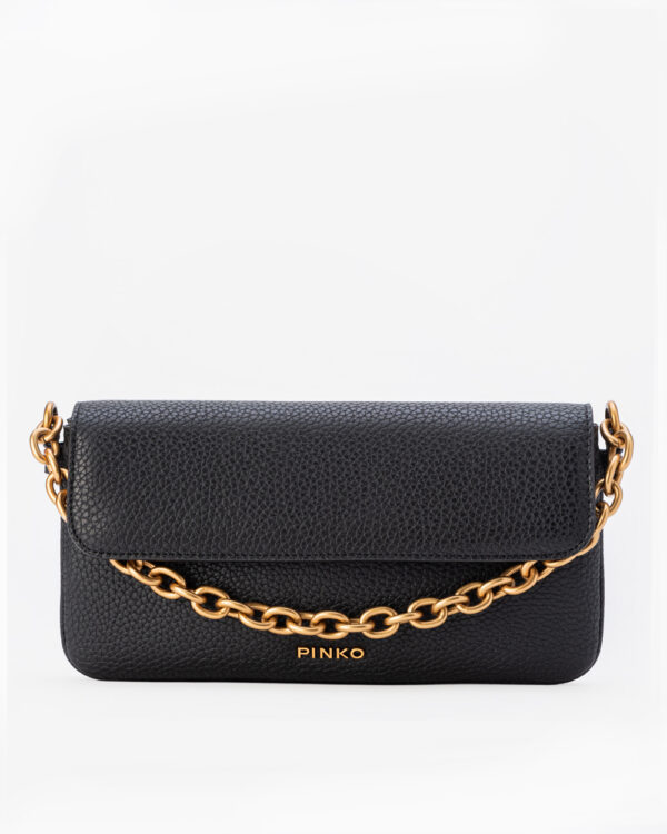 Pochette con logo e catena nero e antique gold