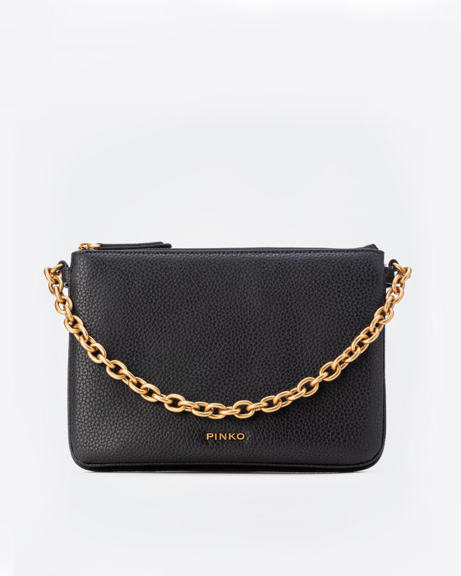 Clutch with Logo and Chain nero e antique gold