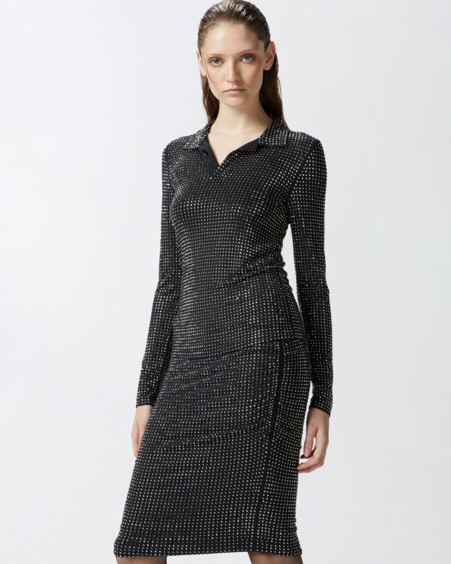 Polo a maniche lunghe con strass nero limousine