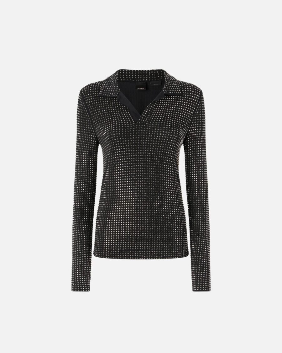 Long-sleeved polo with rhinestones nero limousine