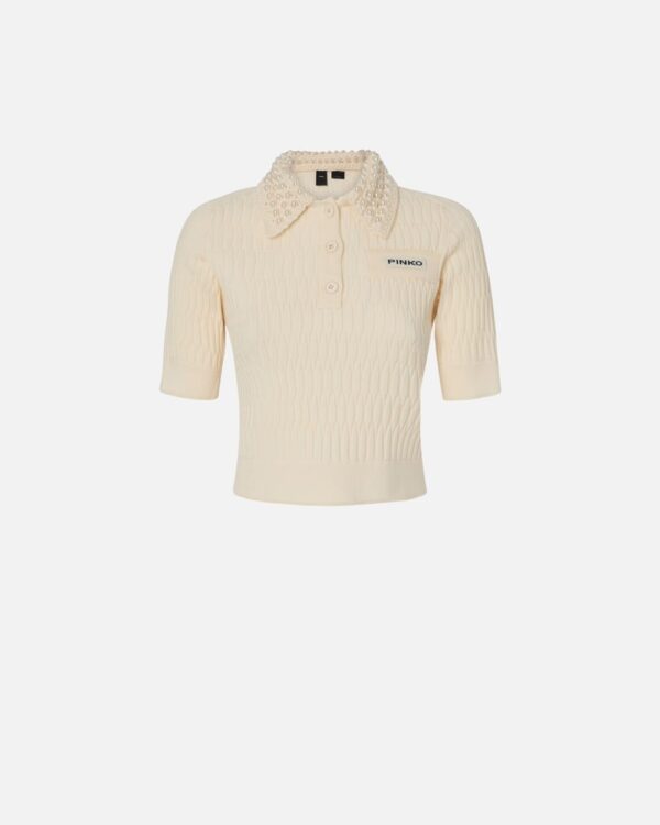Polo corta in maglia con colletto crochet con perle bianco meringa