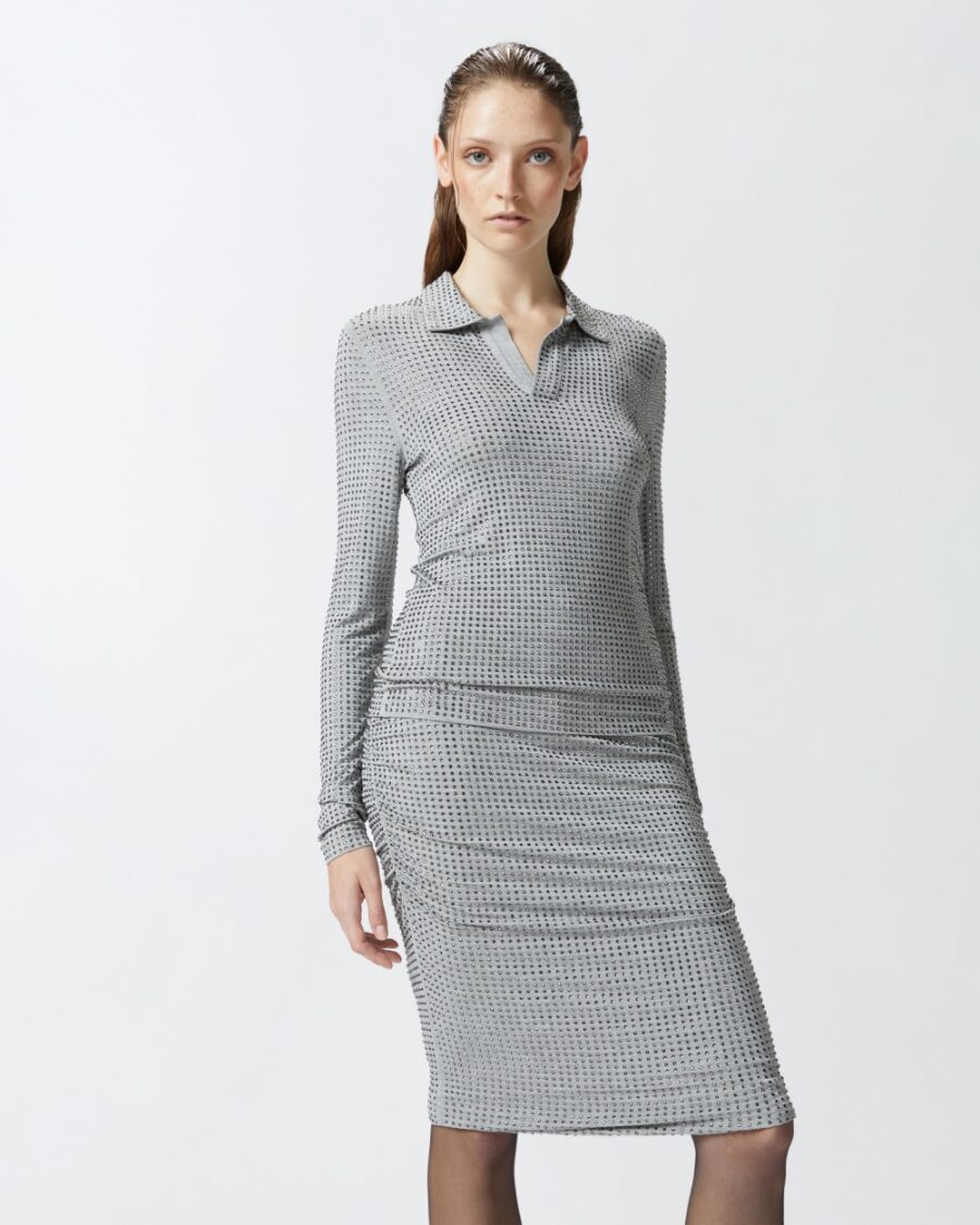 Polo maniche lunghe jersey con strass grigio pioggerella