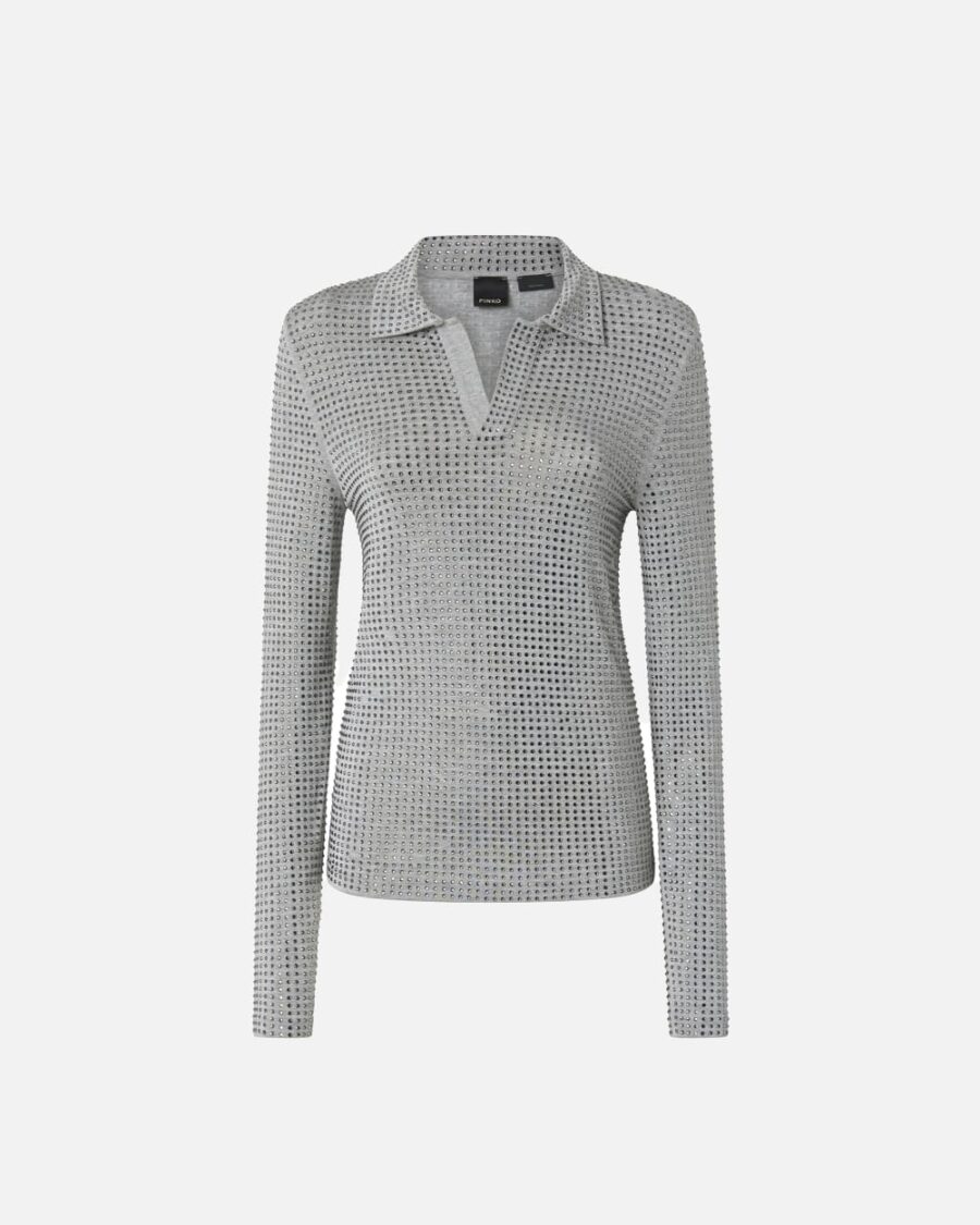 Polo maniche lunghe jersey con strass grigio pioggerella