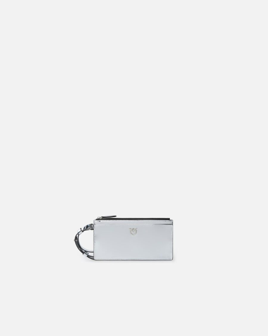 Porta carte effetto specchio con strass argento e nickel lucido