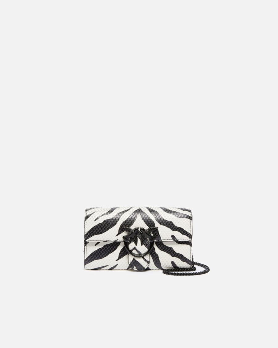 Zebra-patterned wallet with shoulder strap bianco e nero e block color