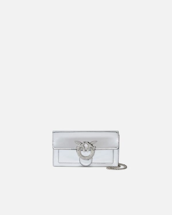 Portafoglio Love Bag specchiato con tracolla argento e nickel lucido