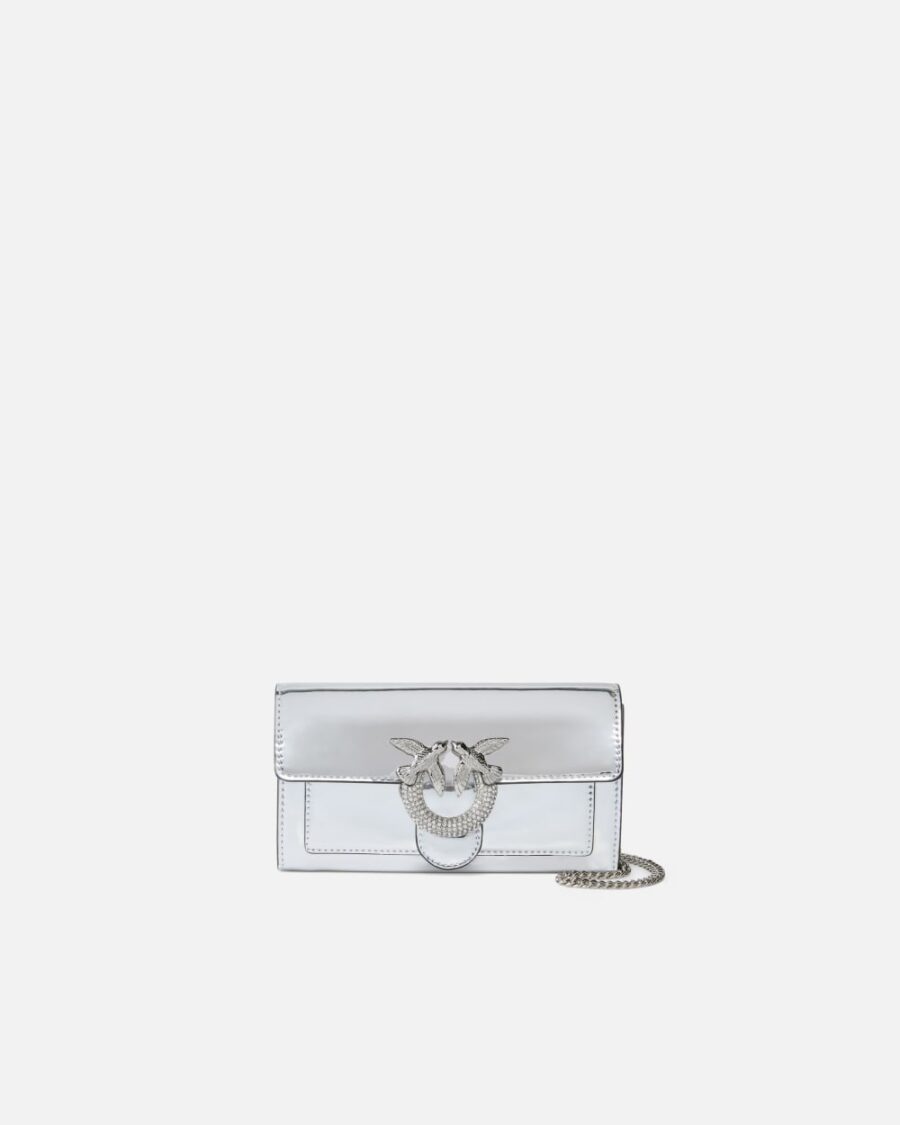 Love Bag mirror-finish wallet with shoulder strap argento e nickel lucido