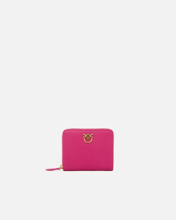 Portafoglio quadrato zip-around in pelle pink pinko e antique gold