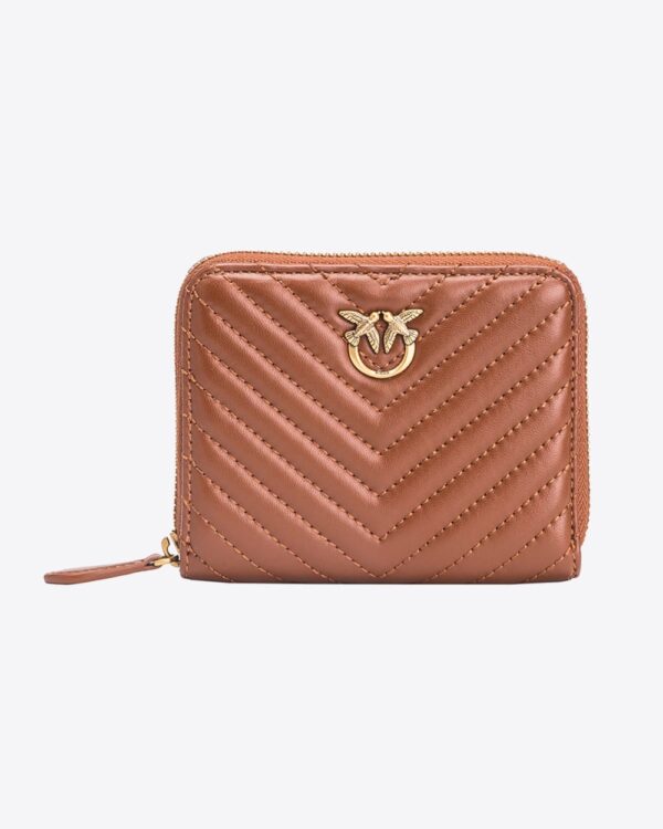 Portafoglio quadrato zip-around nappa trapuntata cuoio e antique gold
