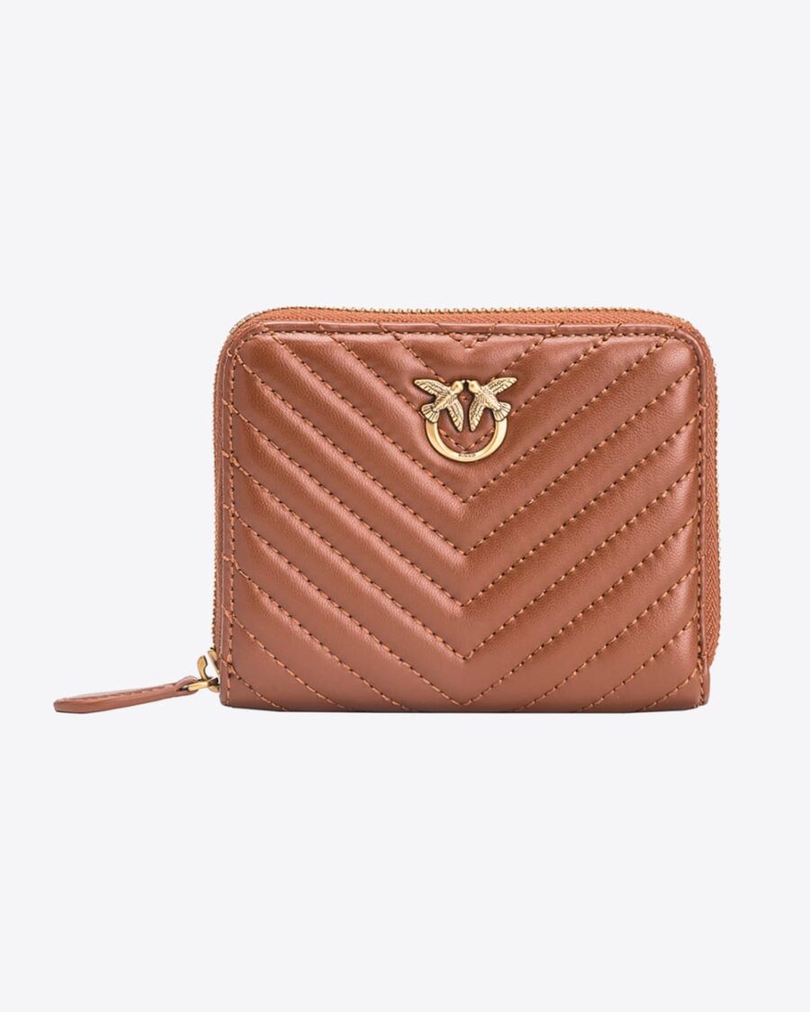 Portafoglio quadrato zip-around nappa trapuntata cuoio e antique gold