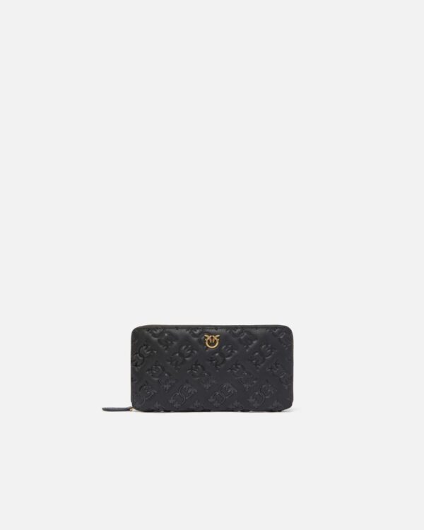 Rectangular leather monogram wallet nero e antique gold