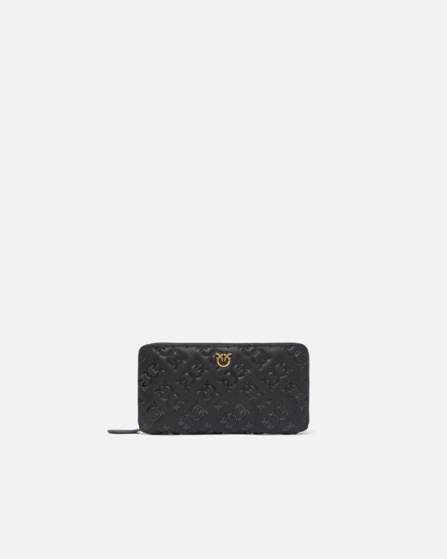 Rectangular leather monogram wallet nero e antique gold